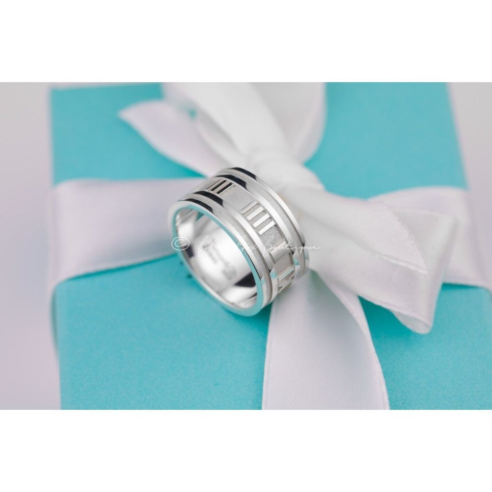 Tiffany & Co. Ring Men's Silver Atlas Roman Numerals Wide Band Vintage 1995 - Picture 2 of 10